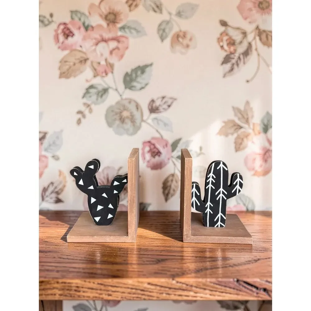 Wood Cactus Bookends Set of 2 Black White Southwestern Boho Desert Decor